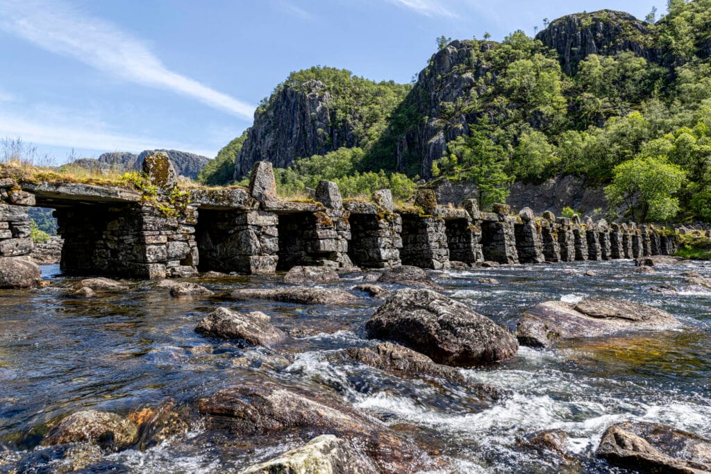 Terland Klopp, the best-preserved stone slab bridge in the Nordic region, is 60 metres long and has 21 light openings with stone slabs above.